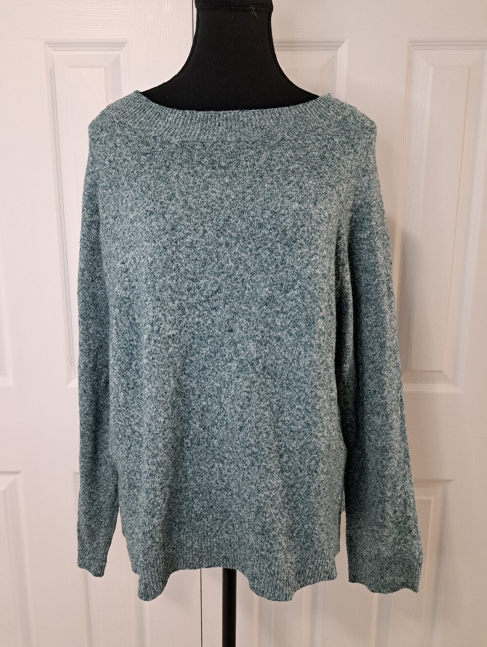Only Marled Sweater Green White XL Ribbed Trim Fall Round Neck Neutral Casual